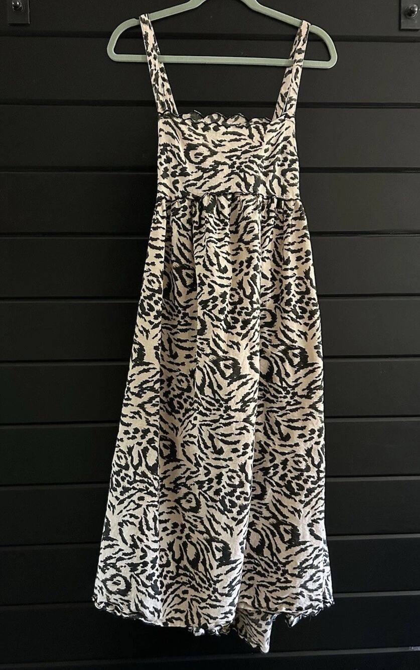 ASOS Midi Open Back Sundress Dress Neutrals Animal Print Cotton Flax Boho XS 2 S